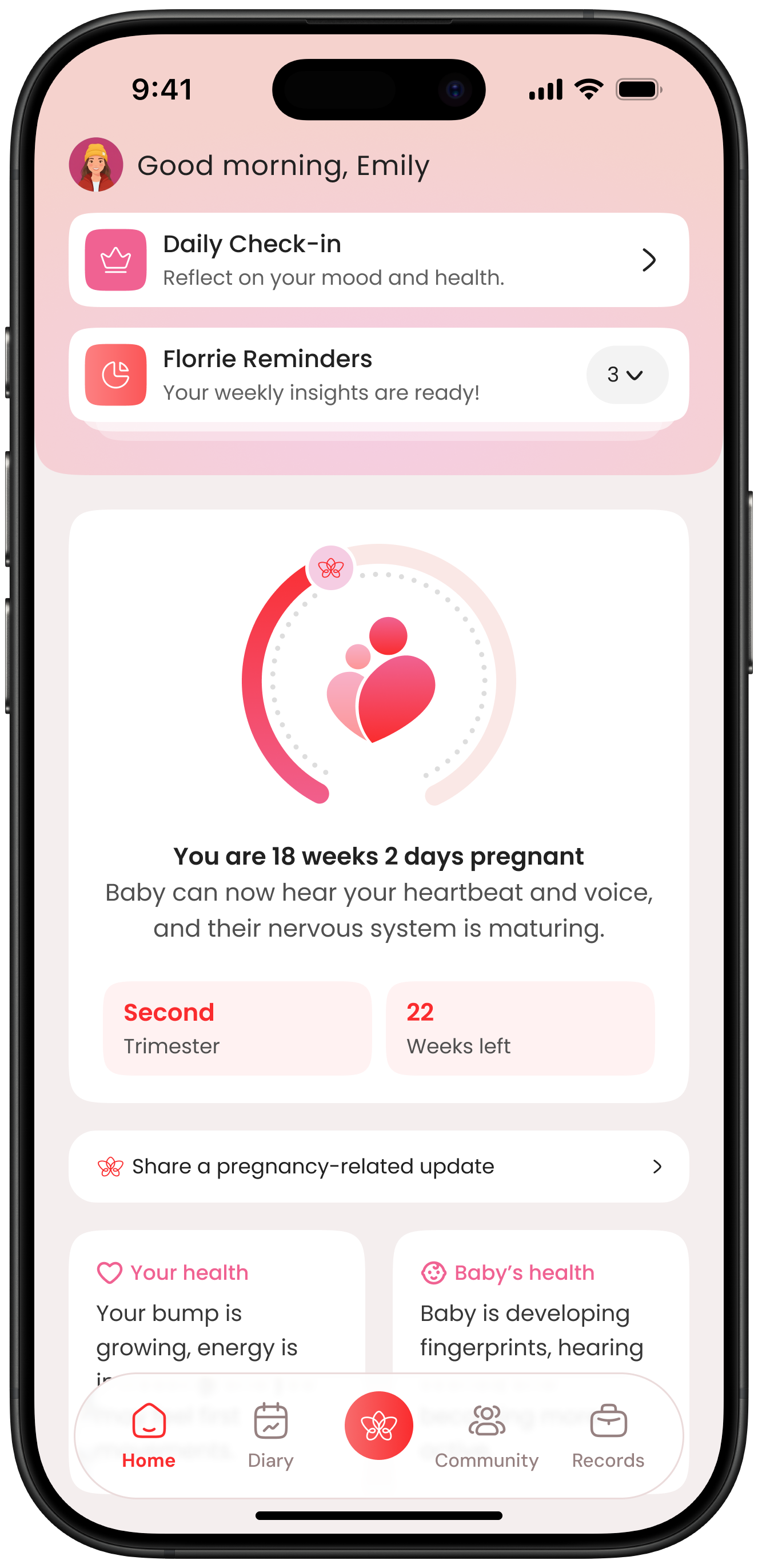 Matresa app home screen showing pregnancy journey